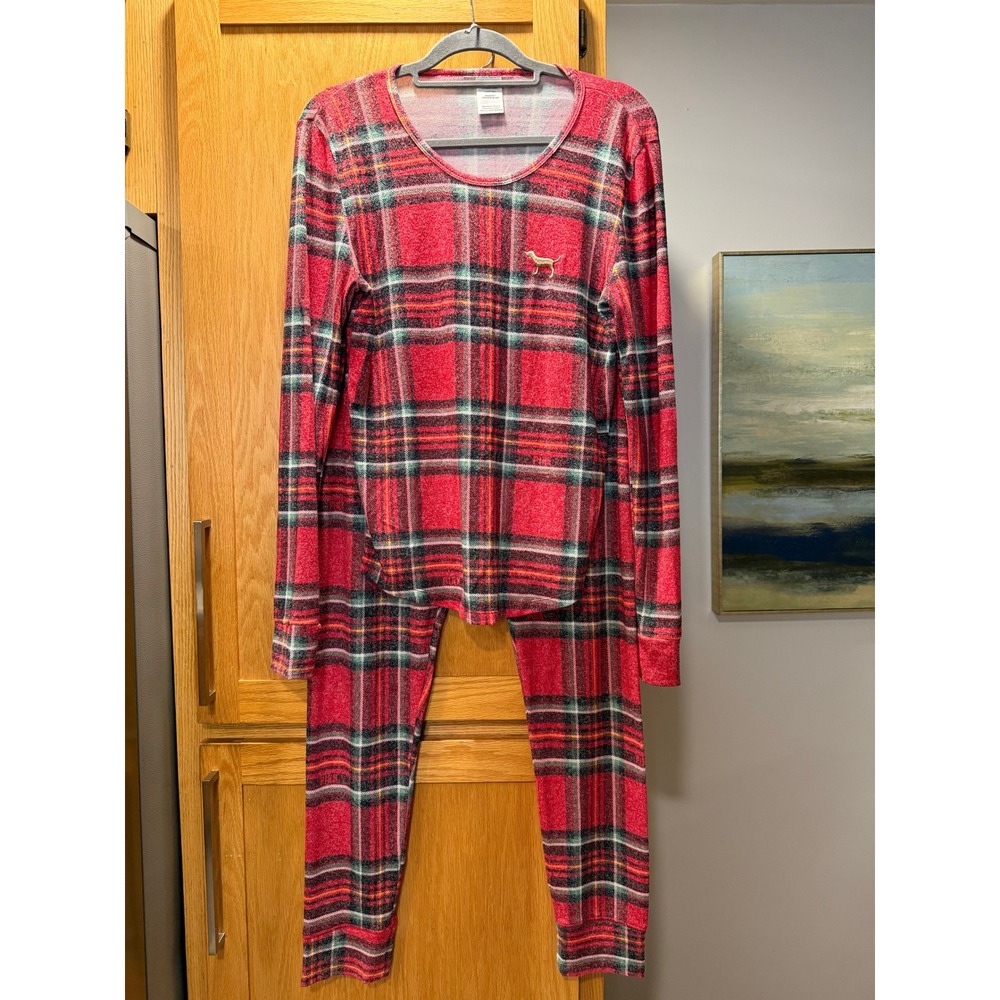 Victoria's Secret PINK Pajama Set Red Plaid Long Sleeve Top & Joggers Large